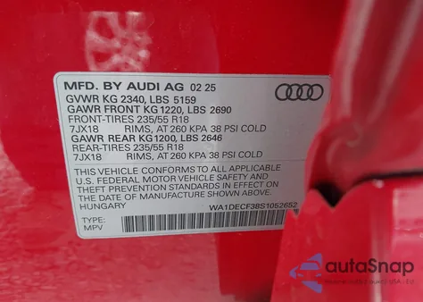 2025 Audi Q3 Premium 45 Tfsi S Line Quattro Tiptronic from USA, damaged, VIN WA1DECF38S1052652